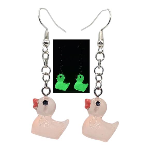 Pink Glow in the Dark Duck Earrings Rave Festival Rubber Duck Jewelry - Picture 1 of 4